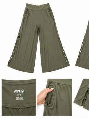 Aerie Olive Green Wide Leg Pants w/ Side Slits & Pockets – Size M
